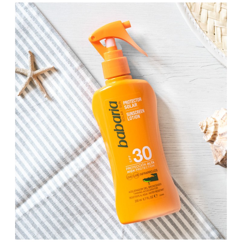 SPRAY SUNSCREEN LOTION ALOE F-30 BABARIA + evantail gratuit