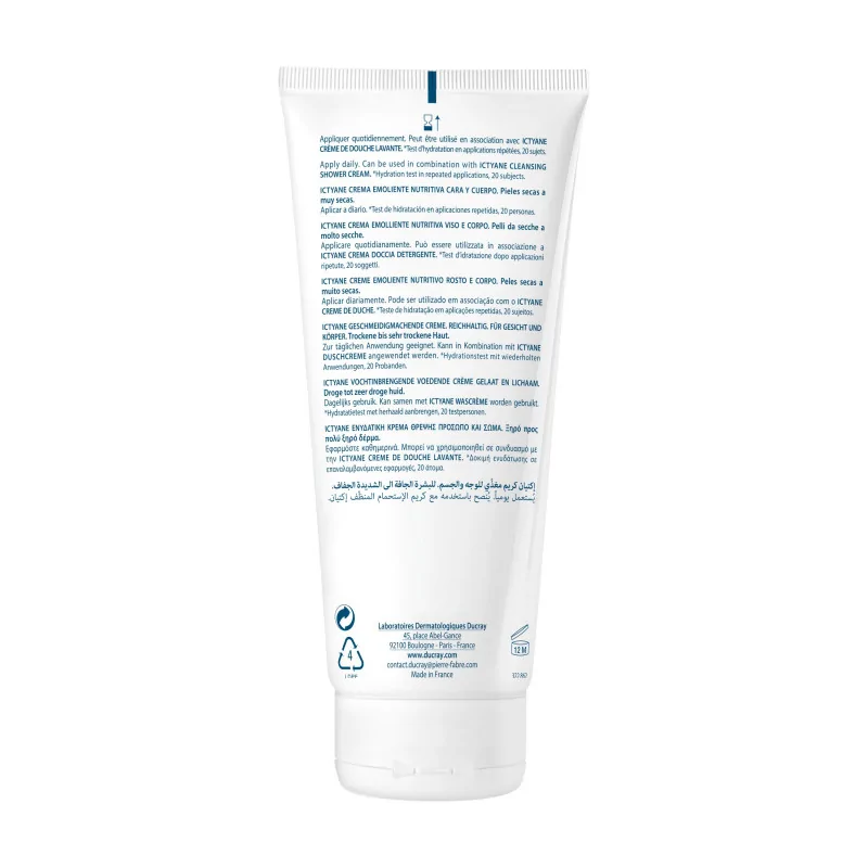 ICTYANE Crème Emolliente Nutritive 200ml - Soin Visage et Corps, Peaux Sèches à Très Sèches
