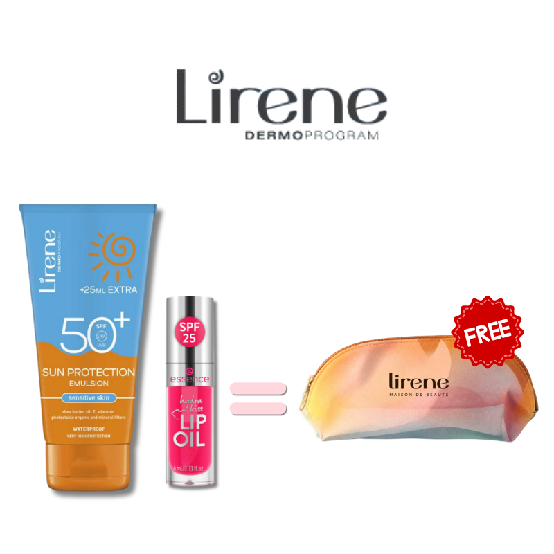 Pack Émulsion Solaire SPF50+ + Huile à Lèvres Hydra Kiss Lip Oil Pink Squeeze 104 ESSENCE + trousse gratuite